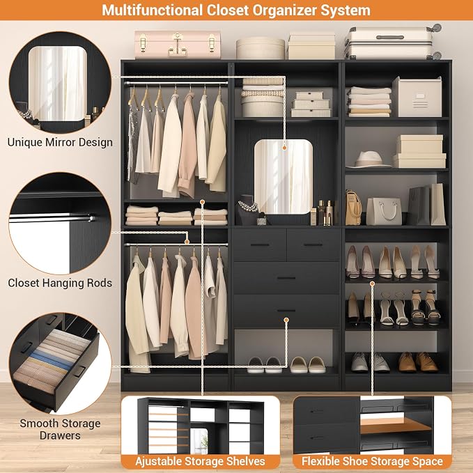 Unikito 75” Closet System with Drawers, 6.2FT Wood Closet Organizer with - Image 2