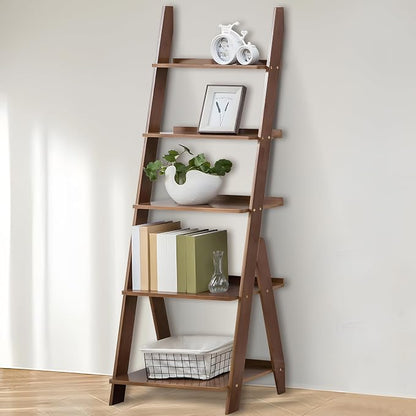 DOUSY-5-Tier Ladder Shelf Bookcase, Bamboo Ladder Bookshelf Leaning Book Shelf by DOUSY
