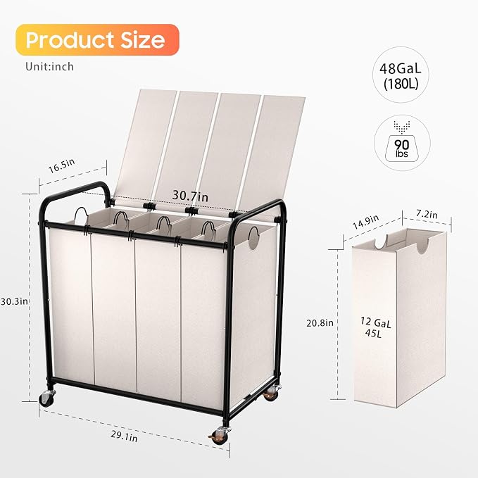 Laundry Sorter 4 Sections 48 Gal, Rolling Laundry Basket - Image 2