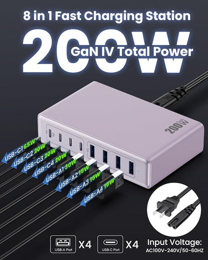 200W USB C Charger Block, GaN IV Charging Station 8 Ports, QC4.0 Fast Charging - Image 6