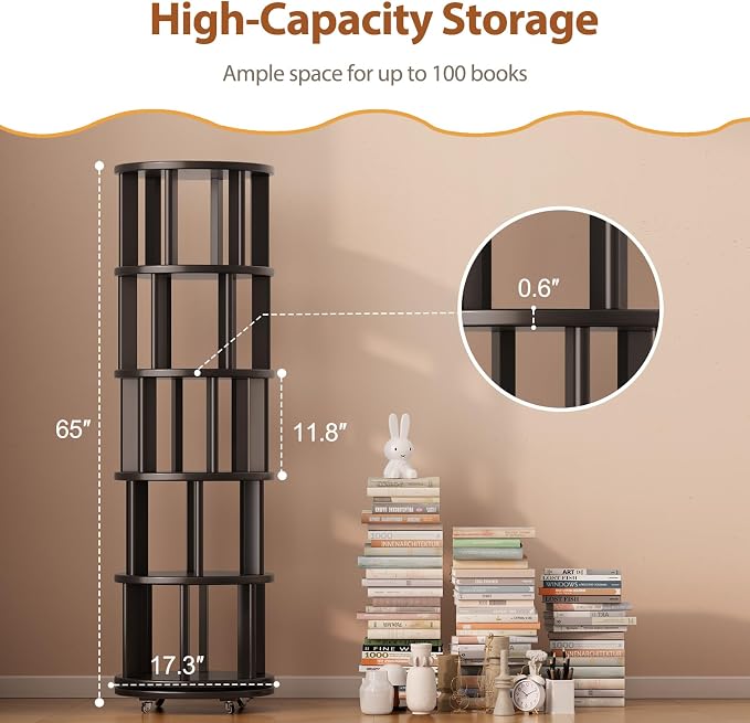 Solid Wood Rotating Bookshelf on Wheels, 5 Tier, Round Revolving Bookcase - Image 2