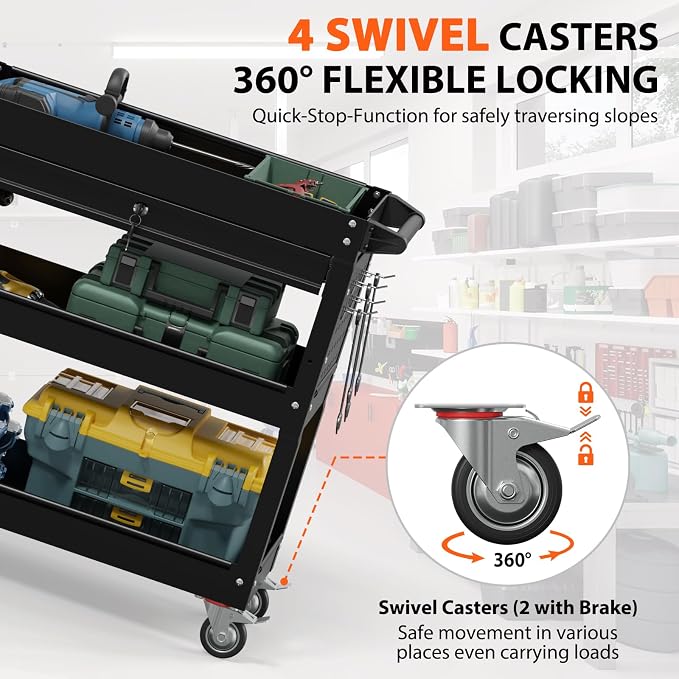 3 Tier Rolling Tool Cart with Drawers, Heavy Duty Utility Cart on Wheels - Image 3