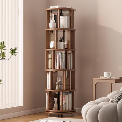 Solid Wood Rotating Bookshelf on Wheels, 5 Tier, Round Revolving Bookcase by Muwuele