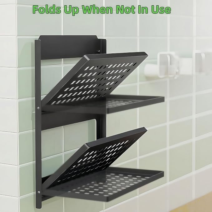 2-Tier Folding Metal Shelf Wall Mounted, Small Foldable Wall Shelf | Stackable - Image 9