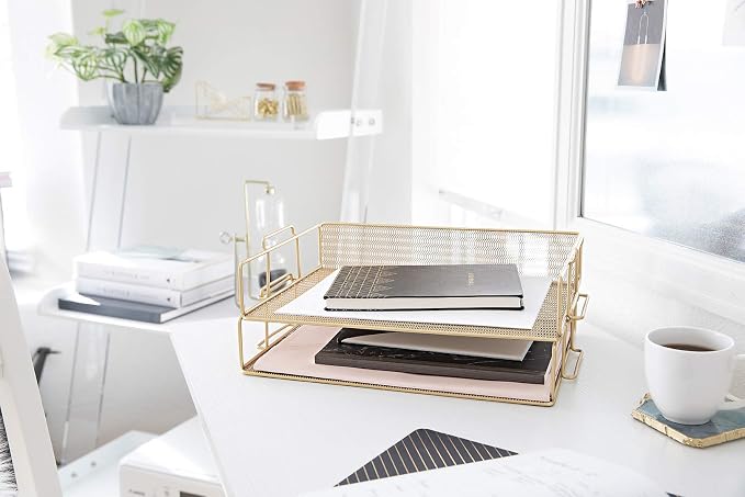 BLU MONACO Gold Mesh Paper Tray – Set of 2 Stackable Letter Trays – Durable - Image 2