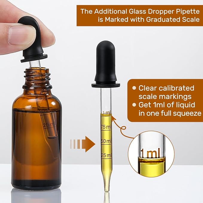 4 Pack, 1 oz Amber Glass Dropper Bottles Plus 2pcs Graduated Calibrated Glass - Image 4