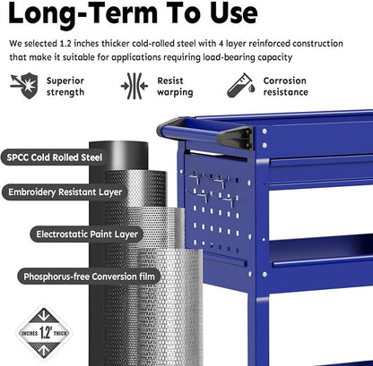 3-Tier Rolling Utility Cart, Metal Heavy Duty Utility Cart on Wheels - Image 4