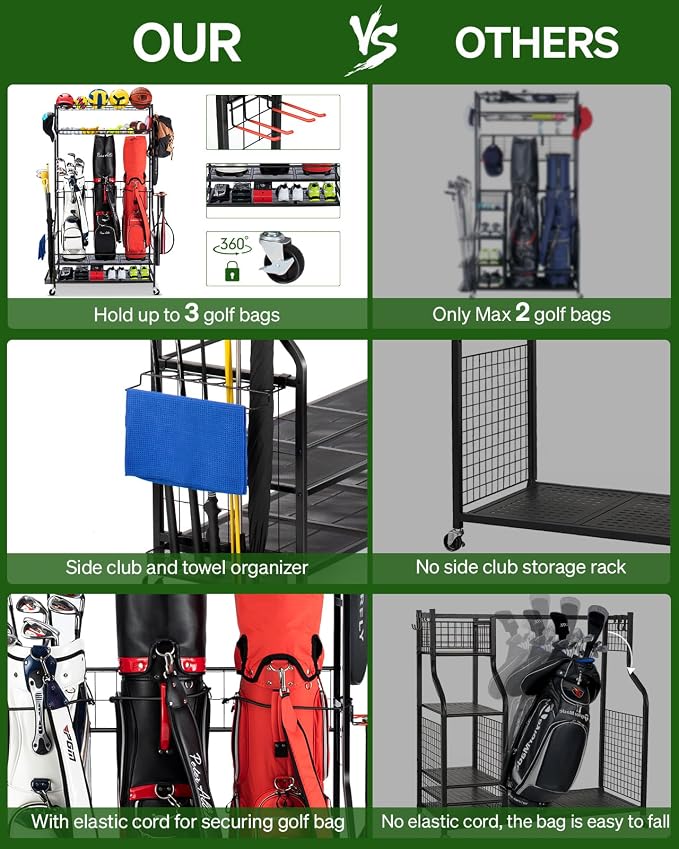 Golf Bag Storage Garage Organizer, 3 Golf Bag Stand and Sports Equipment - Image 3