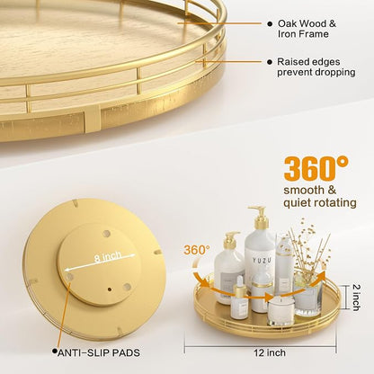 12" Gold Lazy Susan for Table Top, Oak Wood Lazy Susan Turntable Organizer for - Image 2