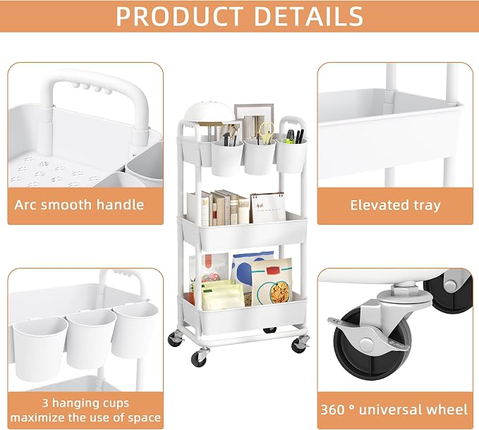 JIUYOTREE 3-Tier Plastic Rolling Storage Cart Utility Cart - Image 6