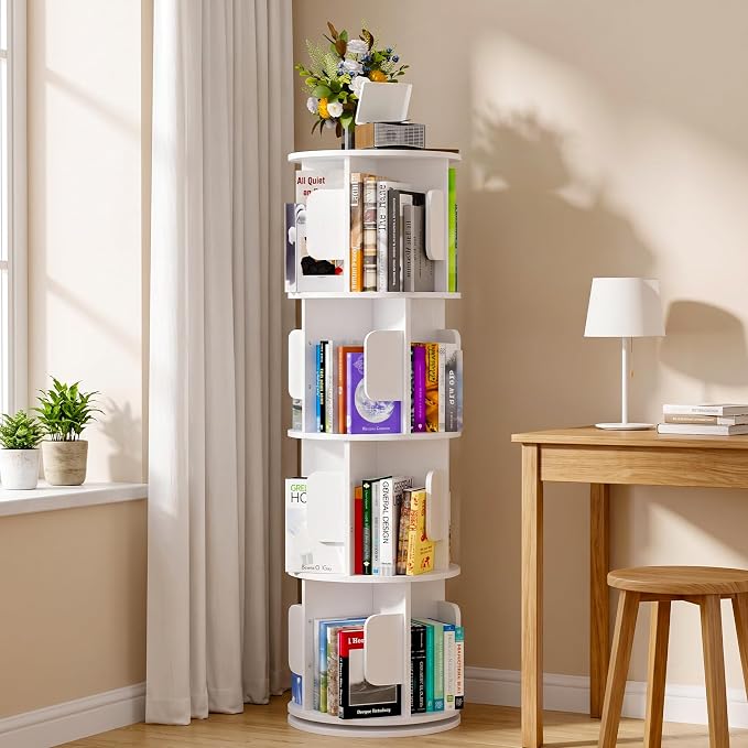 4-Tier 360° Rotating Bookshelf, Round Floor Standing Bookcase - Image 7
