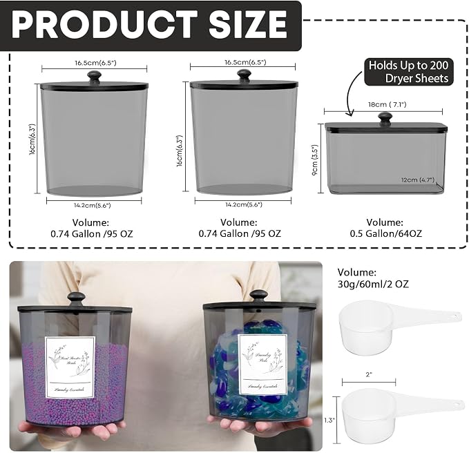 3 Pack Laundry Powder Container & Dryer Sheet Holder, Plastic Laundry Room - Image 2