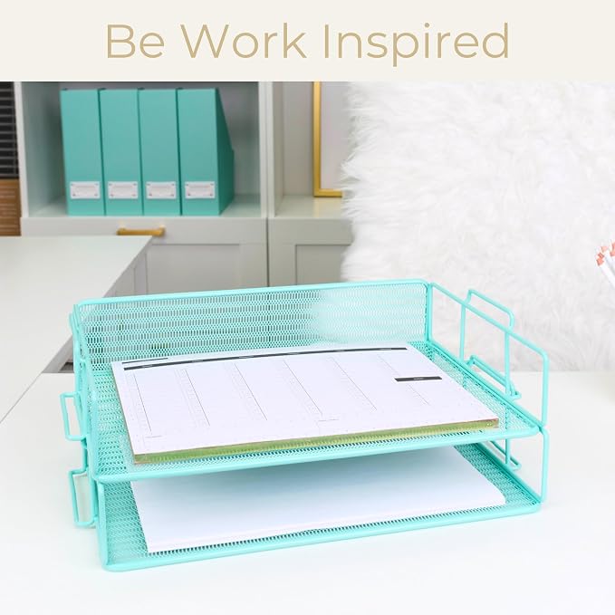 BLU MONACO Aqua Mesh Paper Tray Set of 2 | Stackable Letter Trays - Image 2