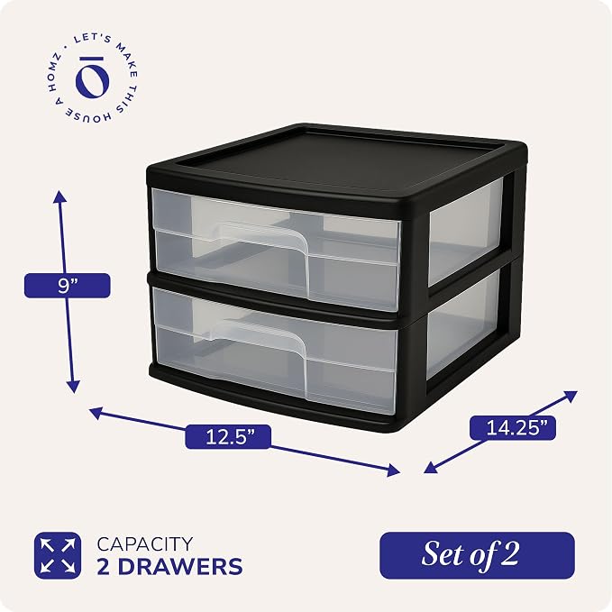 HOMZ 2-Pack 2-Drawer Storage Cart, 14.25" Wide Medium, and Classroom - Image 2