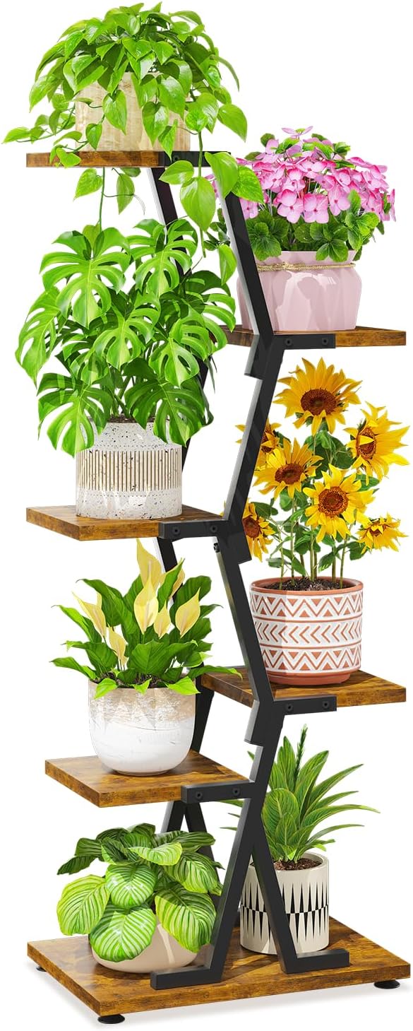 LASZOLA 5 Tier Tall Wood and Metal Plant Stand Indoor by LASZOLA