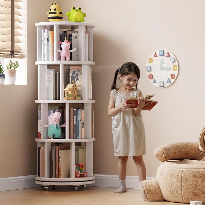 Solid Wood Rotating Bookshelf on Wheels, 4 Tier, Round Revolving Bookcase - Image 3