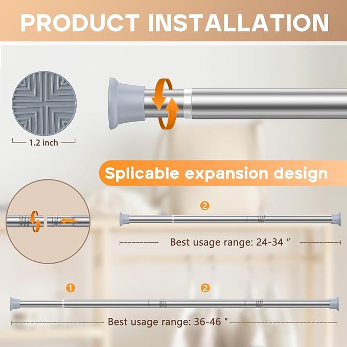 2PCS Silver Shower Curtain Rod 23-46Inch, Tension Curtain Rods No Drilling | - Image 6
