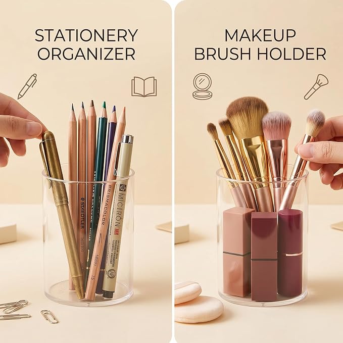 2 Pcs Clear Acrylic Pen Holder, Cylinder Desktop Organizer - Image 4