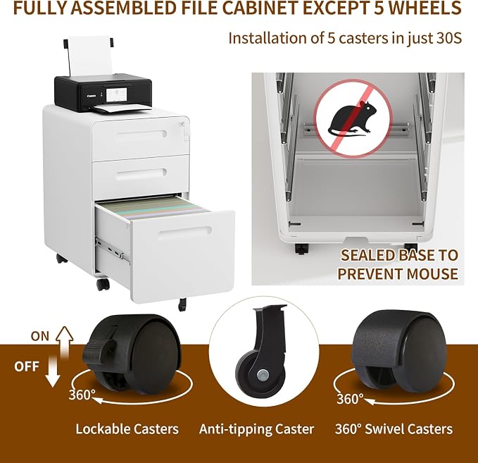 3 Drawer File Cabinet with Lock and 4 Keys, Mobile Metal Filing Cabinet - Image 7