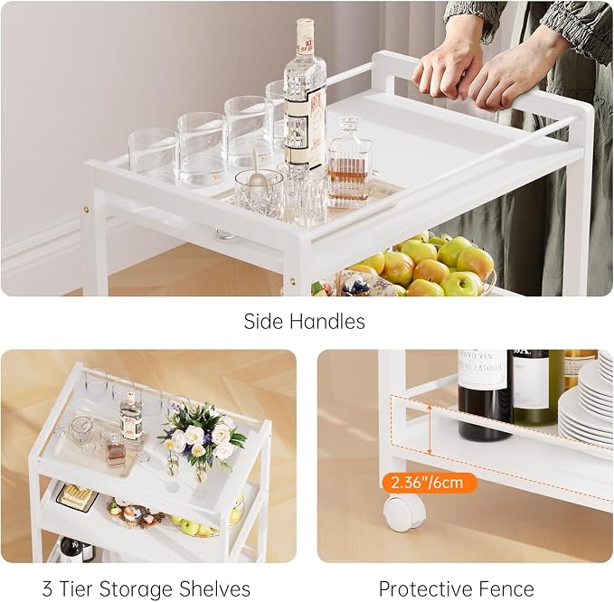 HITNET White Bar Cart, Home Bar Serving Cart, Kitchen Trolley on Wheels - Image 6
