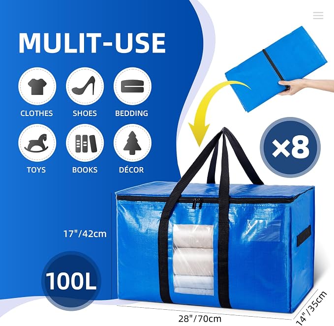 TAILI Extra Large Moving Bags, 8 Pack Blue Heavy Duty Totes - Image 6