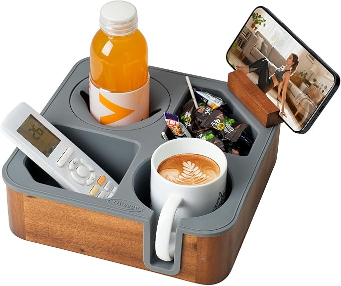 Couch Cup Holder Tray, Acacia Wood Couch Caddy by Hitseon
