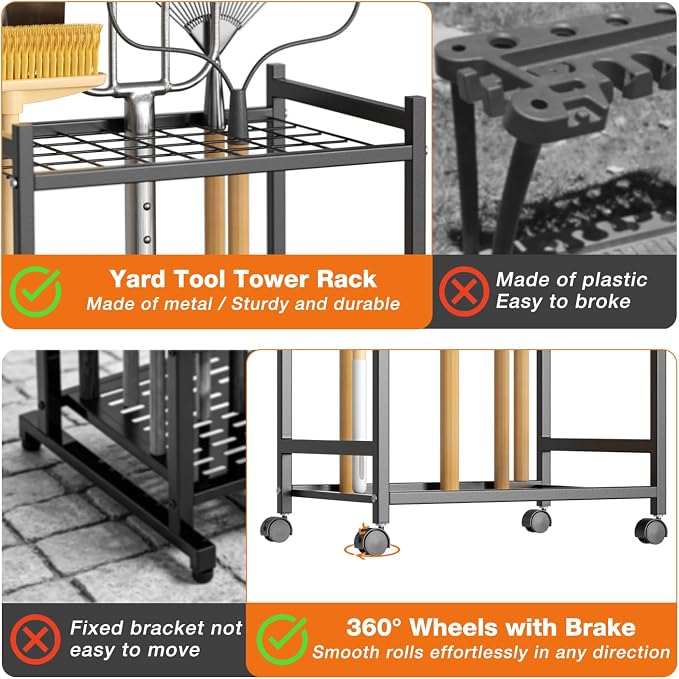 Garden Tool Organizer with Wheels, Heavy-Duty Yard Tool Rack with 3 Side Hooks - Image 3