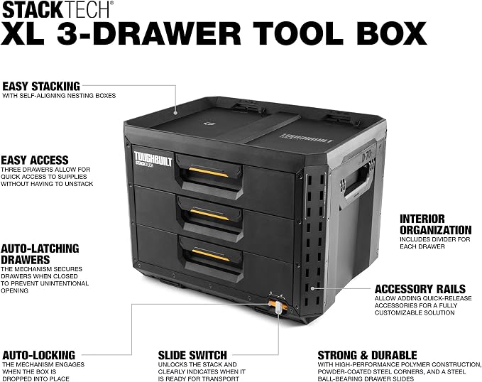 ToughBuilt StackTech XL 3 Drawer Tool Box, Heavy-Duty Portable Tools Chest - Image 2