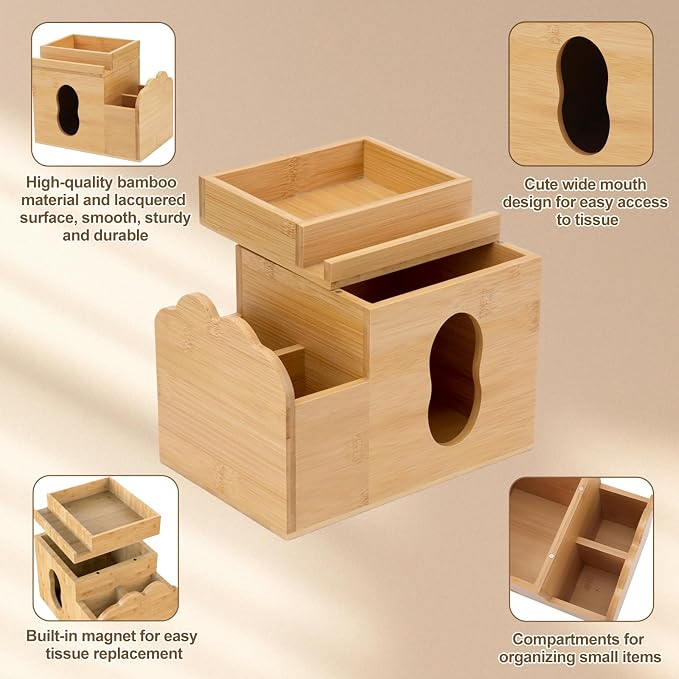 Wooden Tissue Box Cover with Storage Tray, Makeup Organizer and Phone Holder - Image 3