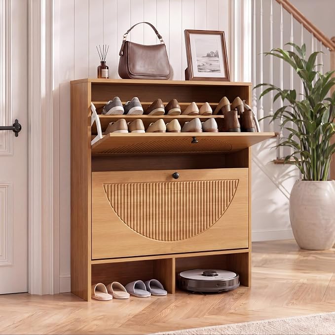GRUSIGN Shoe Cabinet with 2 Flip Drawers, Narrow Shoe Cabinet Storage - Image 8
