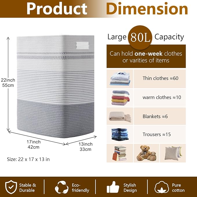 Laundry Hamper, Large Woven Rope Tall Laundry Basket - Image 5