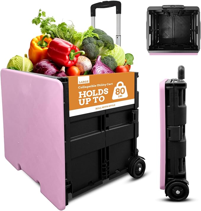 Collapsible Ultra-Slim Pack-N-Roll, 2 Wheel Utility Cart w/Lid Used as Seat up by Inspired+Living