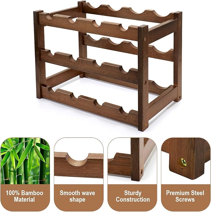 Bamboo Wine Rack, 3-Tier 12 Bottles Wine Storage Cabinet Shelf, Easy-Assembly - Image 6