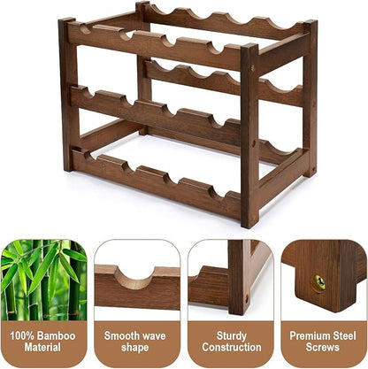 Bamboo Wine Rack, 3-Tier 12 Bottles Wine Storage Cabinet Shelf, Easy-Assembly - Image 6