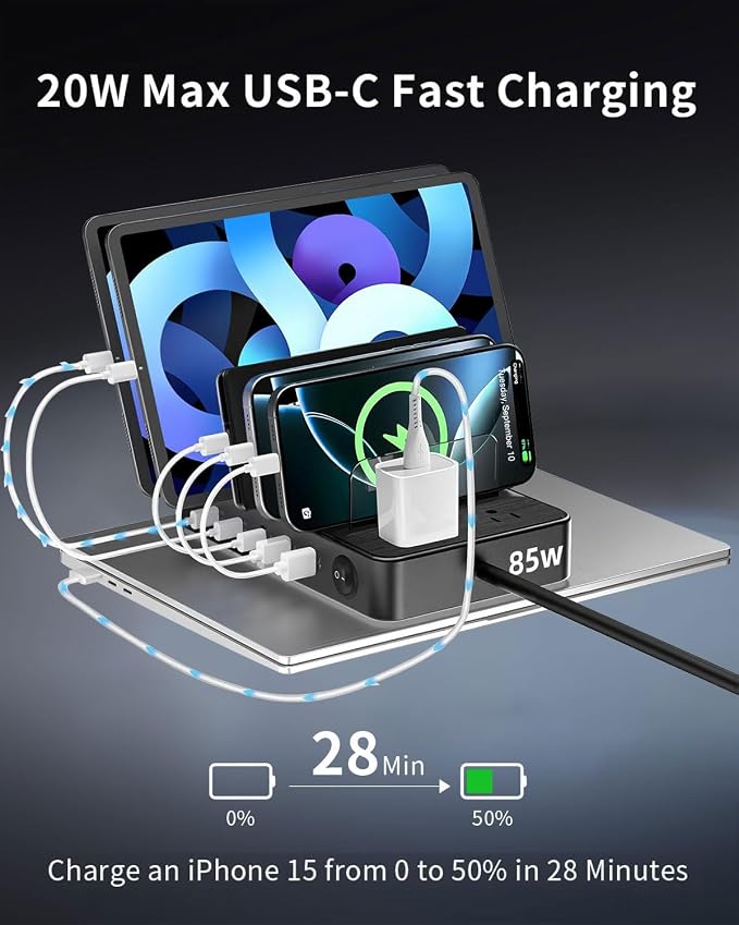 85W Charging Station for Multiple Devices, 7 Port USB Charger Stations - Image 2