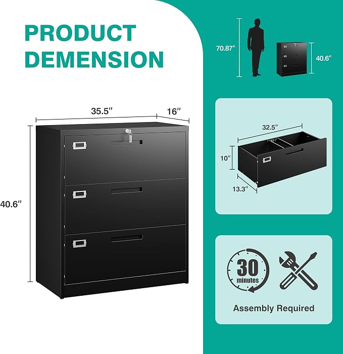 SISESOL 3 Drawer Lateral File Cabinet - Image 3