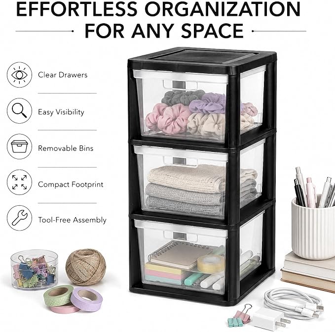 3 Drawer Plastic Storage Tower, 14.9" x 12.6" x 25.3" Medium | Organizer Chest - Image 4