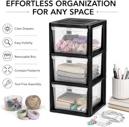 3 Drawer Plastic Storage Tower, 14.9" x 12.6" x 25.3" Medium | Organizer Chest - Image 4