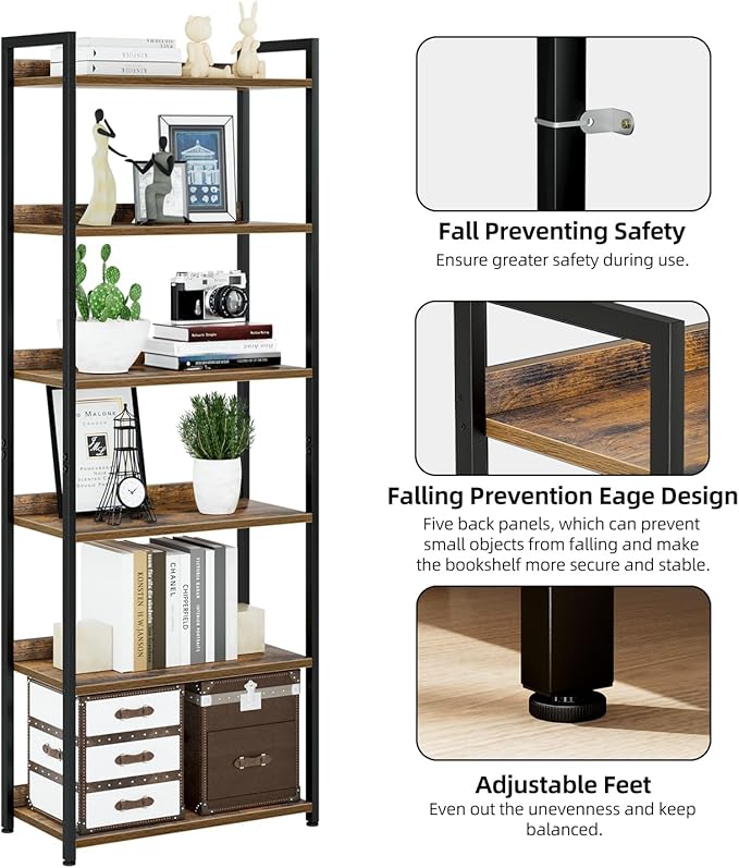 NUMENN Bookshelf, 6 Tier Freestanding Shelving Unit, Vintage | Metal Frame & - Image 5