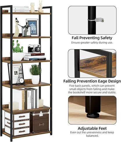 NUMENN Bookshelf, 6 Tier Freestanding Shelving Unit, Vintage | Metal Frame & - Image 5