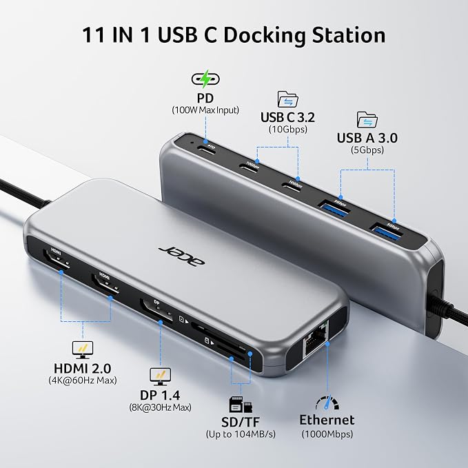 Acer Laptop Docking Station 3 Monitors, 11-in-1 USB C Docking Station - Image 2