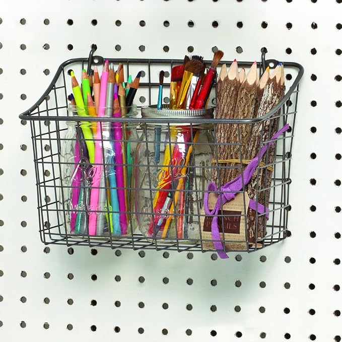 Spectrum Large Wire Basket Pegboard Wall Organizer Metal Pegboard Storage Bin - Image 12