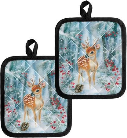 2 Pcs Christmas Brown Moose Green Forest Print Pot Holders, Kitchen Heat by Jndtueit