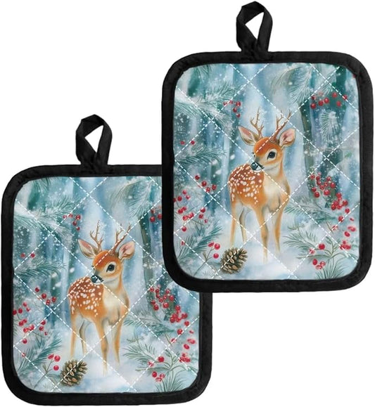 2 Pcs Christmas Brown Moose Green Forest Print Pot Holders, Kitchen Heat by Jndtueit