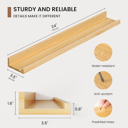 Picture Ledge Shelf, Solid Pine Wood Floating Shelves Set of 2, 24 Inches - Image 3