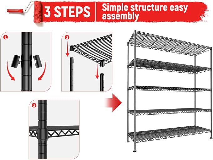 REIBII 45.8''W Steel Wire Shelving Unit, 5 Tier Adjustable Metal Storage Shelves - Image 8