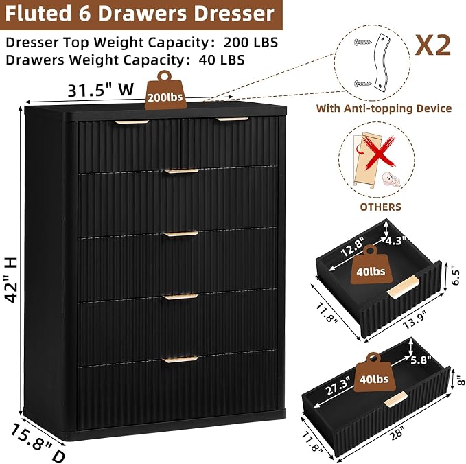 LEYAOYAO Fluted 6 Drawers Dresser - Image 2