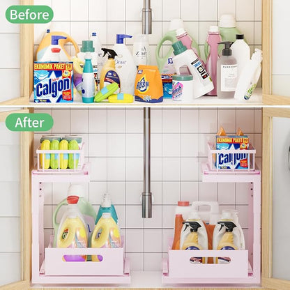 Under Sink Organizer Storage: Adjustable Height, 2 Tier L-Shaped Pull-Out Metal - Image 4