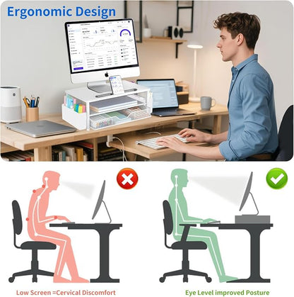 AUPSEN White Monitor Stand Riser, 2-Tier Wood Computer Desk Organizer - Image 2