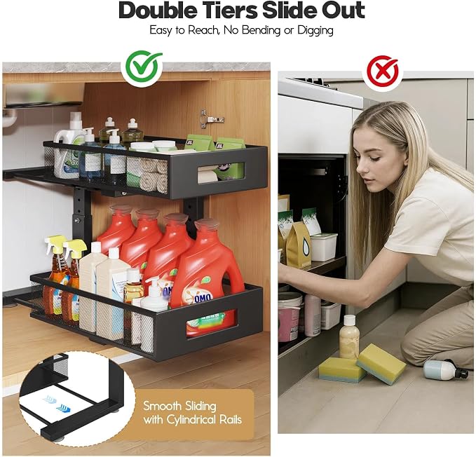 Under Sink Organizer, 2-Tier Dual Pull Out Cabinet Organizer Drawers - Image 7